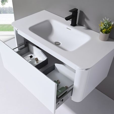 Mobilier baie din Pvc, cu lavoar din compozit corian, dimensiuni: 100 x 52 cm, inchidere Soft Close, Nest