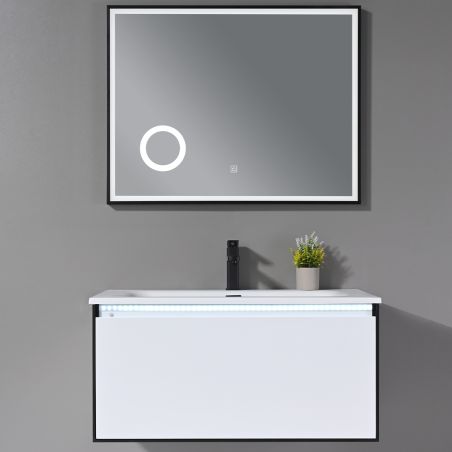 Mobilier baie din PVC cu lavoar din compozit corian, iluminare cu banda Led, inchidere Soft Close, dimensiuni: 90x52 cm, Halo