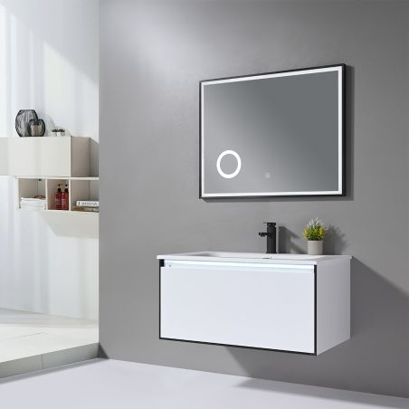 Mobilier baie din PVC cu lavoar din compozit corian, iluminare cu banda Led, inchidere Soft Close, dimensiuni: 90x52 cm, Halo