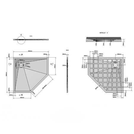 Cadita de dus pentagonala, compozit mineral, dimensiuni 90x90 cm, inaltime 2.5 cm, decupabila, Alb, Aurelio