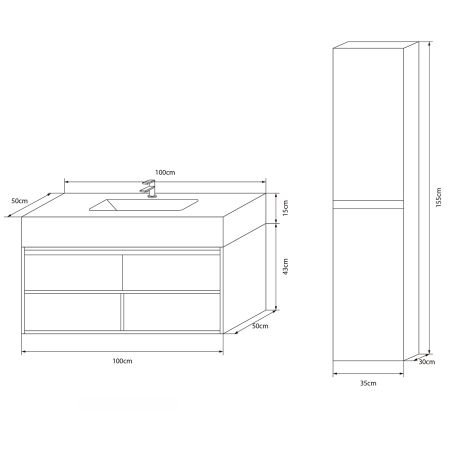 Mobilier cu dulap lateral, lavoar din piatra sinterizata, Mdf, inchidere Soft- Close, 2 sertare, Gri, 100x50x58, Combo