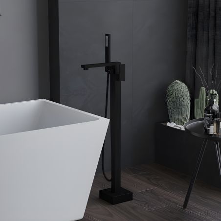 Bateria cada cu dus de mana, perlator, montaj freestanding, alama, Negru Mat, Luxe