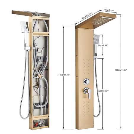 Panel dus, iluminare Led, 5 functii, Cascada, Ploaie tropicala, dus de mana, otel inoxidabil, Auriu Mat, Aurora