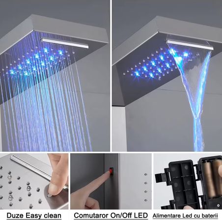 Panel dus, iluminare Led, Cascada, Ploaie tropicala, 5 functii, dus de mana, Crom, Infinity