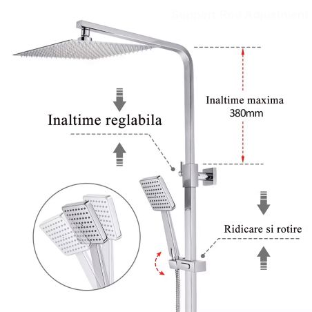 Sistem de dus cu termostat, 2 functii, dus tip ploaie, dus de mana, montaj pe perete, Negru Mat, Vitalio