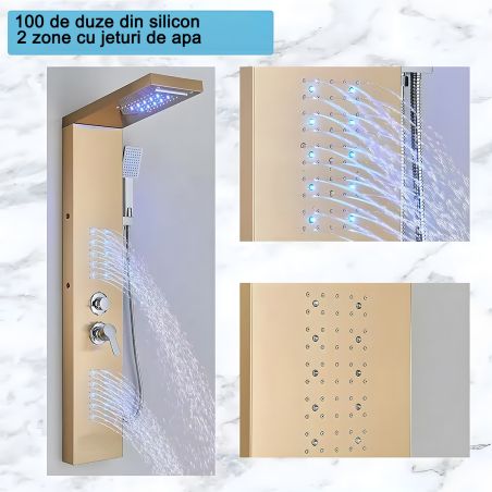 Panel dus, iluminare Led, 5 functii, Cascada, Ploaie tropicala, dus de mana, otel inoxidabil, Auriu Mat, Aurora