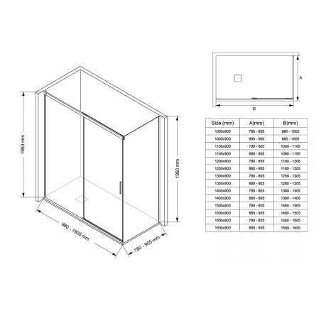 Cabina dus, perete fix si usa glisanta, sticla securizata de 6 mm, 80-90 x 90-160 cm, profil si maner Crom, Hanes