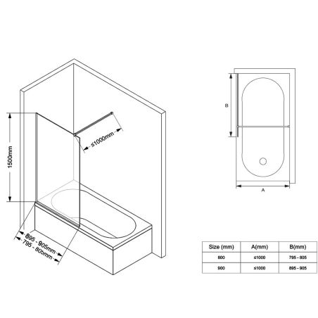 Paravan cada, fix, transparent, profile Auriu Mat, sticla securizata 8 mm, 80x150 cm , Nora