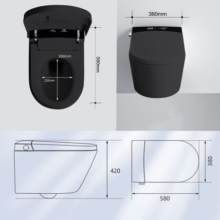 Vas wc smart, cadru inclus, Power Color, functie bideu, dezinfectare UV, Led, montaj suspendat, 58x38 cm, Negru Mat, Ela