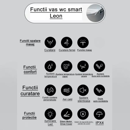 Vas wc smart, functie de bideu, dezinfectare UV, afisaj Led, functii avansate, montaj pe podea, 74x46 cm, Alb, Leon